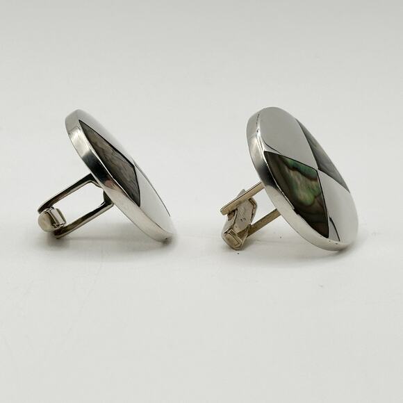 Taxco Sterling Silver Abalone Cufflinks Inlayed Mother of Pearl Round Vintage - Picture 4 of 13